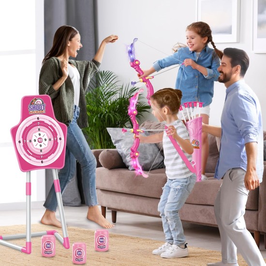 SpringFlower 2 ensembles d'arcs et de flèches avec éclairage LED, 2 pistolets à fléchettes en mousse pour enfants de 5 6 7 8 9 10 ans et plus, ensemble de tir à l'arc avec cible debout pour garçons et filles, cadeau idéal
