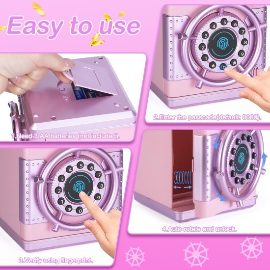 Refasy Tirelires pour filles, banque d'argent électronique mot de passe argent coffre-fort tirelire, banque de simulation d'empreintes digitales jouets pour 3 4 5 6 7 8 9 10 12 ans filles enfants cadeaux d'anniversaire de Noël (rose)