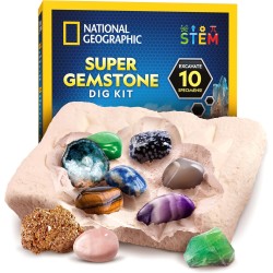 National Geographic Kit de fouille de pierres précieuses – Creusez 10 véritables pierres précieuses et cristaux, kit scientifique pour enfants, kit de fouille de pierres précieuses, cadeau pour filles et garçons, kit minier, collection de roches