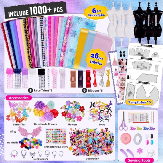 ONE TO FOUR Plus de 800 kits de créateurs de mode pour filles avec 6 mannequins – Kit d'artisanat de design de mode pour filles, kit de couture pour enfants de 8 à 12 ans, cadeaux d'anniversaire de Pâques pour adolescentes de 6 7 8 9 10 11 12
