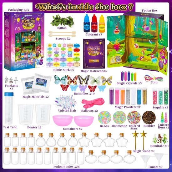 CARTELL Kit de potions magiques féeriques pour enfants, 26 bouteilles de potions magiques mixtes améliorées, kit d'artisanat de potions mystères, décorations de Noël, cadeaux d'anniversaire pour filles et garçons âgés de 6, 7, 8, 9, 10 ans et plus