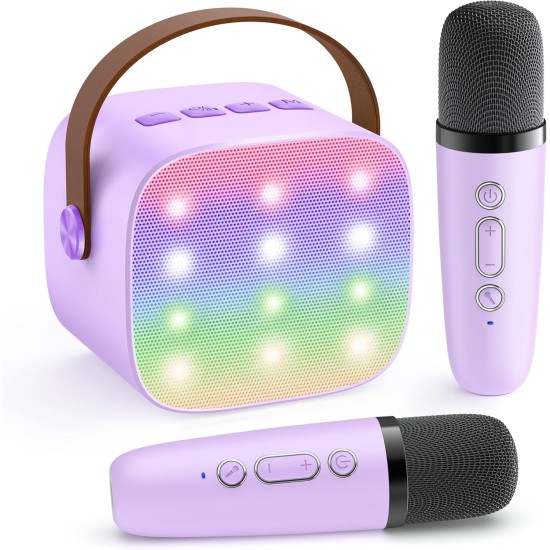 Machine de karaoké pour enfants, mini haut-parleur portable avec 2 microphones sans fil, cadeaux pour enfants pour filles âgées de 3, 4, 5, 6, 7, 8, 9, 10 ans et plus, cadeau de Pâques de 4 à 12 ans (violet)