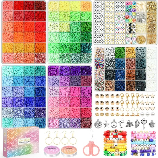 Sistenia Kit de fabrication de bracelets en perles d'argile, 20 000 pièces, 120 couleurs, 6 boîtes de perles en polymère, perles Heishi et kit de bijoux avec pendentifs, breloques, cordes élastiques, cadeau artisanal pour enfants et adultes