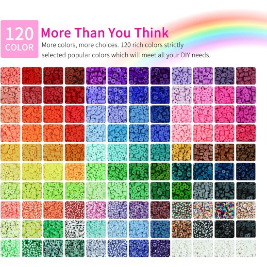 Sistenia Kit de fabrication de bracelets en perles d'argile, 20 000 pièces, 120 couleurs, 6 boîtes de perles en polymère, perles Heishi et kit de bijoux avec pendentifs, breloques, cordes élastiques, cadeau artisanal pour enfants et adultes