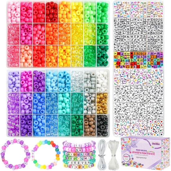 Gionlion Kit de 4200 perles de poney pour la fabrication de bracelets, 48 ​​couleurs, kit de bracelets de perles Kandi, 2500 bonbons arc-en-ciel, 1700 perles de lettre d'amitié avec cordes élastiques de 20 mètres pour la fabrication de bijoux