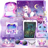 Cadeaux de licornes pour filles, jouets pour enfants de 3 4 5 6 7 8 9 10 ans avec tablette d'écriture LCD/couverture lumineuse/bracelet licorne/masque pour les yeux/sac à bandoulière/12 pièces violet, jouet licorne d'anniversaire de Noël pour adolescente