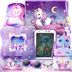 Cadeaux de licornes pour filles, jouets pour enfants de 3 4 5 6 7 8 9 10 ans avec tablette d'écriture LCD/couverture lumineuse/bracelet licorne/masque pour les yeux/sac à bandoulière/12 pièces violet, jouet licorne d'anniversaire de Noël pour adolescente